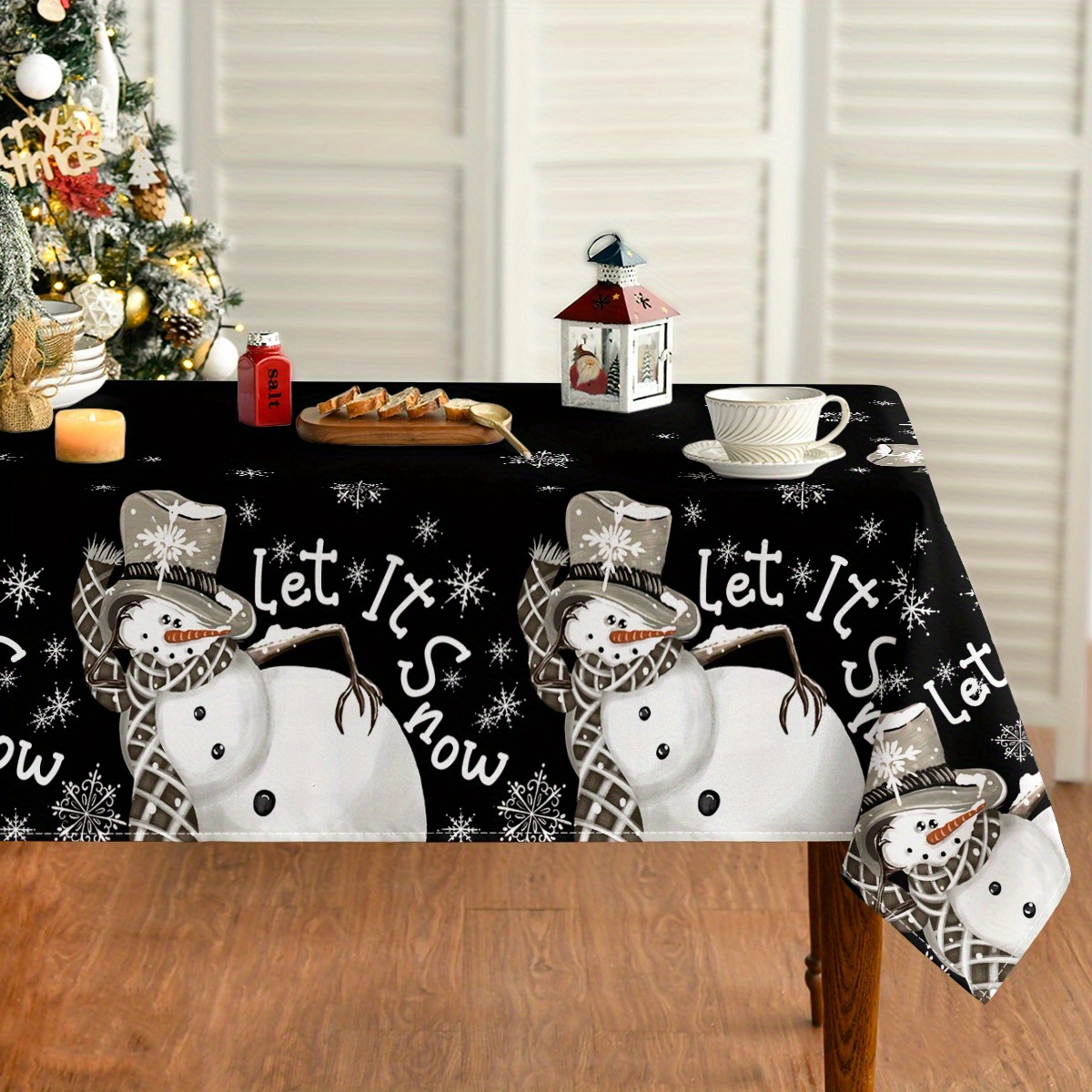 

1pc Christmas Theme Round/rectangular Polyester Tablecloth, Snowman And Snowflakes Black Background Pattern Washable Table Cover For Party Picnic Dinner Kitchen Room Decor