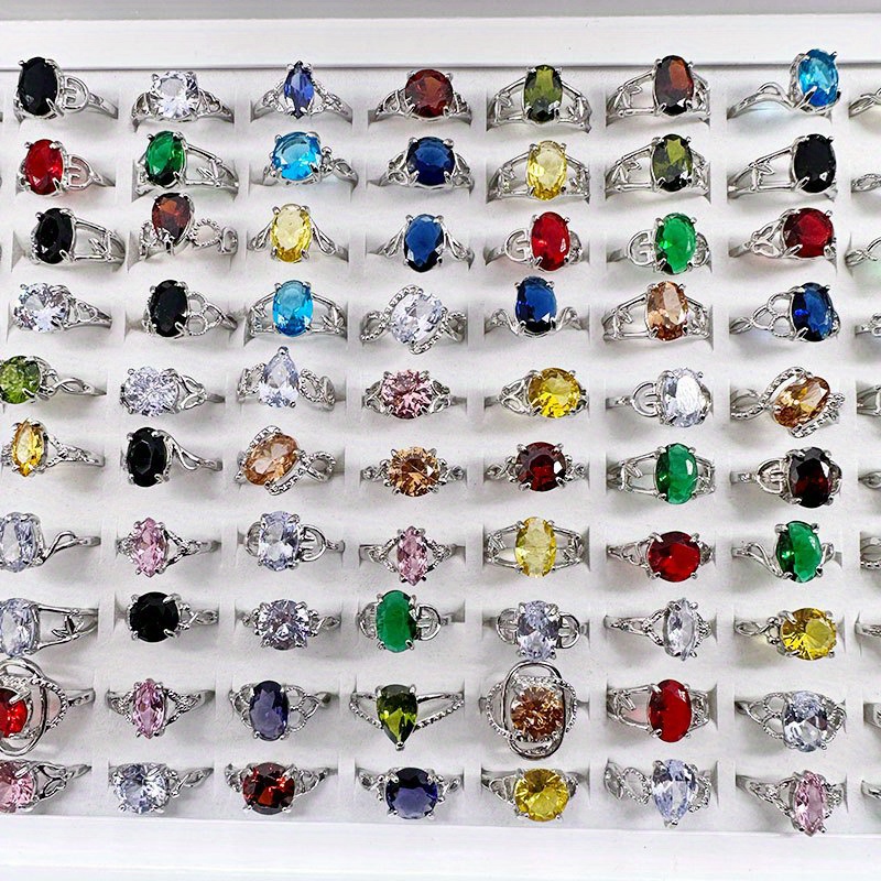 

25/ 50pcs Elegant Crystal Zircon Ring Boho Sparkling Finger Ring Vintage Jewelry For Women Party Accessories, Random Styles, Colors, Sizes