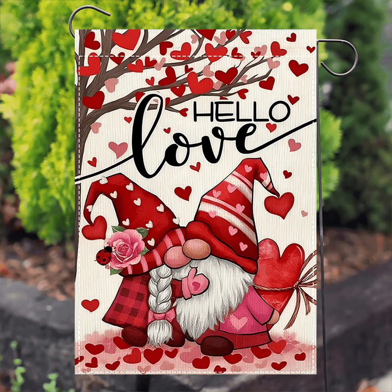 

Valentine's Gnomes Garden Flag - Double-sided Hello Love Heart Tree Design, Polyester Weatherproof & Washable Fabric, Multipurpose Home & Garden Decor, No Electricity Needed, 12x18 Inch - 1pc