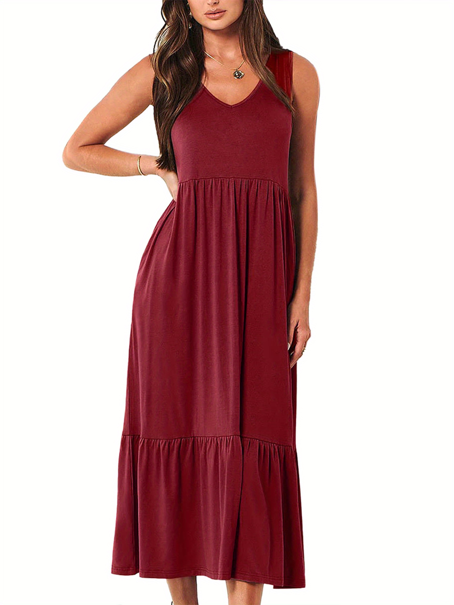 women long dress, sleeveless v-neck solid swing dress loose summer dress  for casual daily - women's clothing - Temu