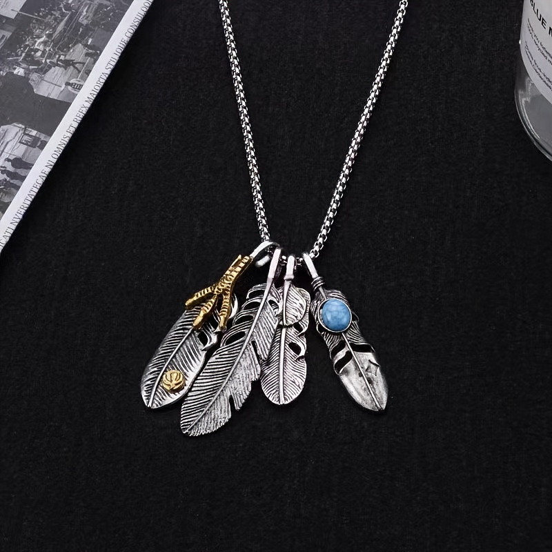 TEMU 4pcs Fashion Feather Necklace, Men's Trendy Personality Hip Hop Street Pendant, All-match Fashion Long, Sweater Chain Accessories
