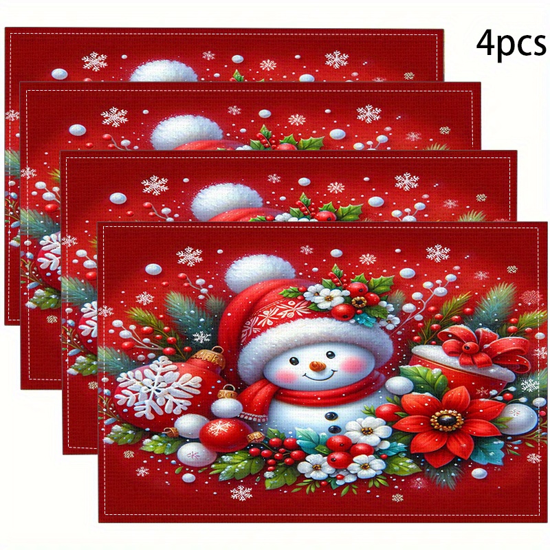 

Christmas Theme 4-piece Placemats Set - Woven Linen 100% Holiday Table Mats, Heat Resistant Pads For Dining, Machine Washable, Decorative Snowman & Floral Design For Festive Home Decor