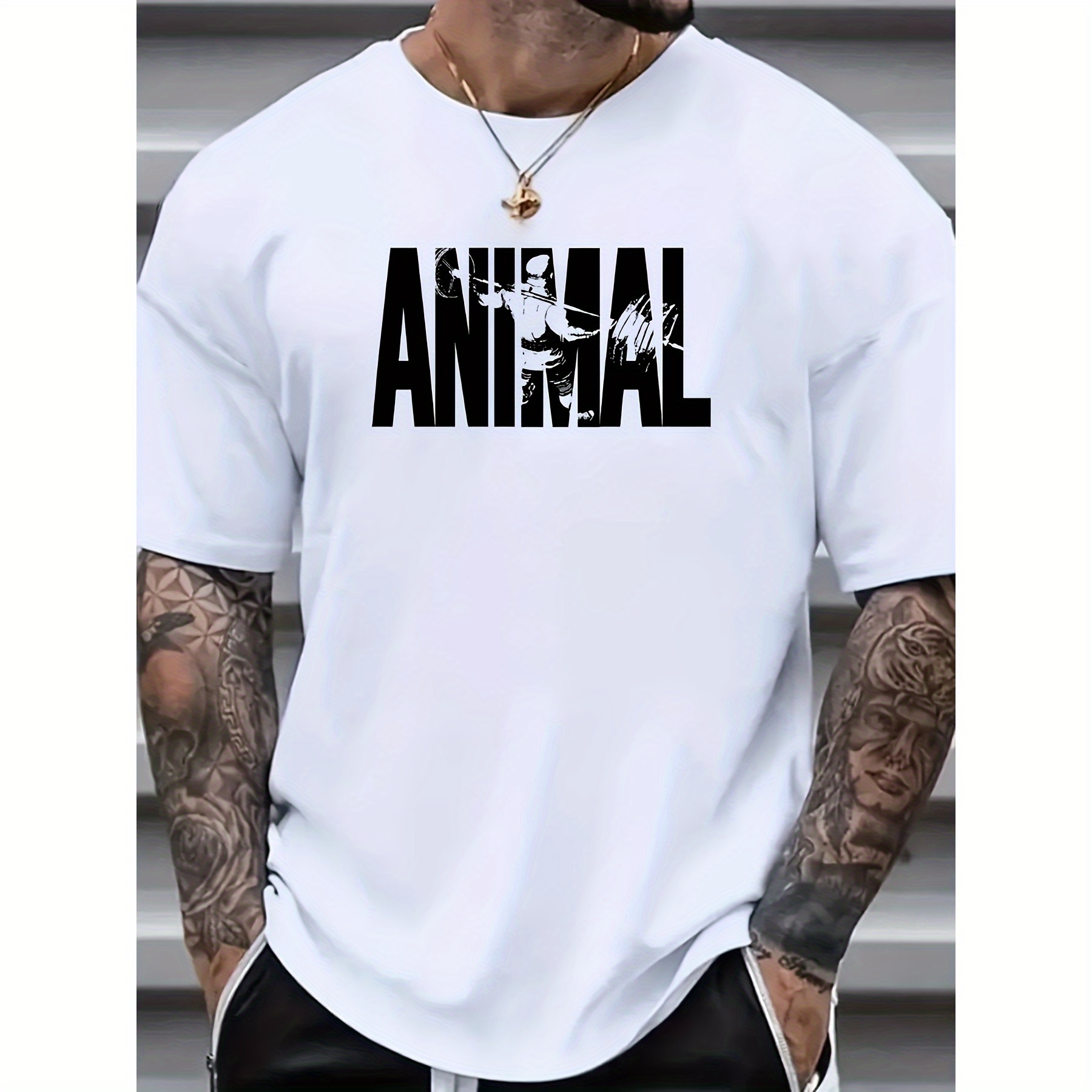 

Men's Weightlifting Men's Pattern And Animal Letters Printed Crew Neck And Short Sleeve T-shirt, Cotton Fashion Tops, Suitable For Summer Workout And Daily Wear