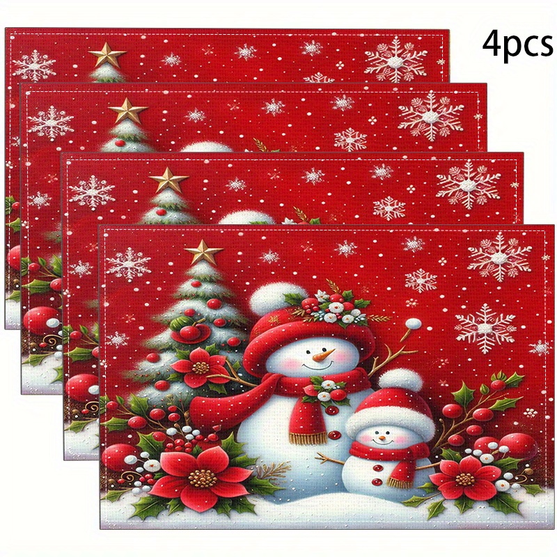 

4-piece Christmas Theme Table Placemats Set, Woven Linen 100% Fabric, Heat Resistant Dining Mats, Machine Washable, Decorative Snowman And For Decor - Modern Western-style Mats