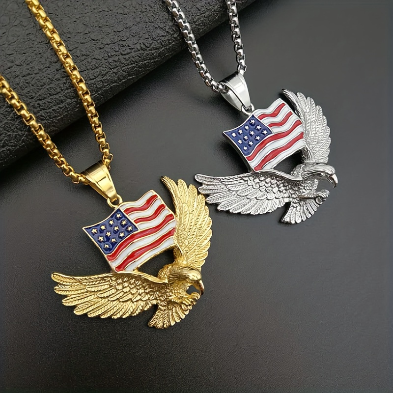 

1pc Mens Eagle With American Flag Pendant Necklace - A Bold Hip Hop Jewelry , Of And Style