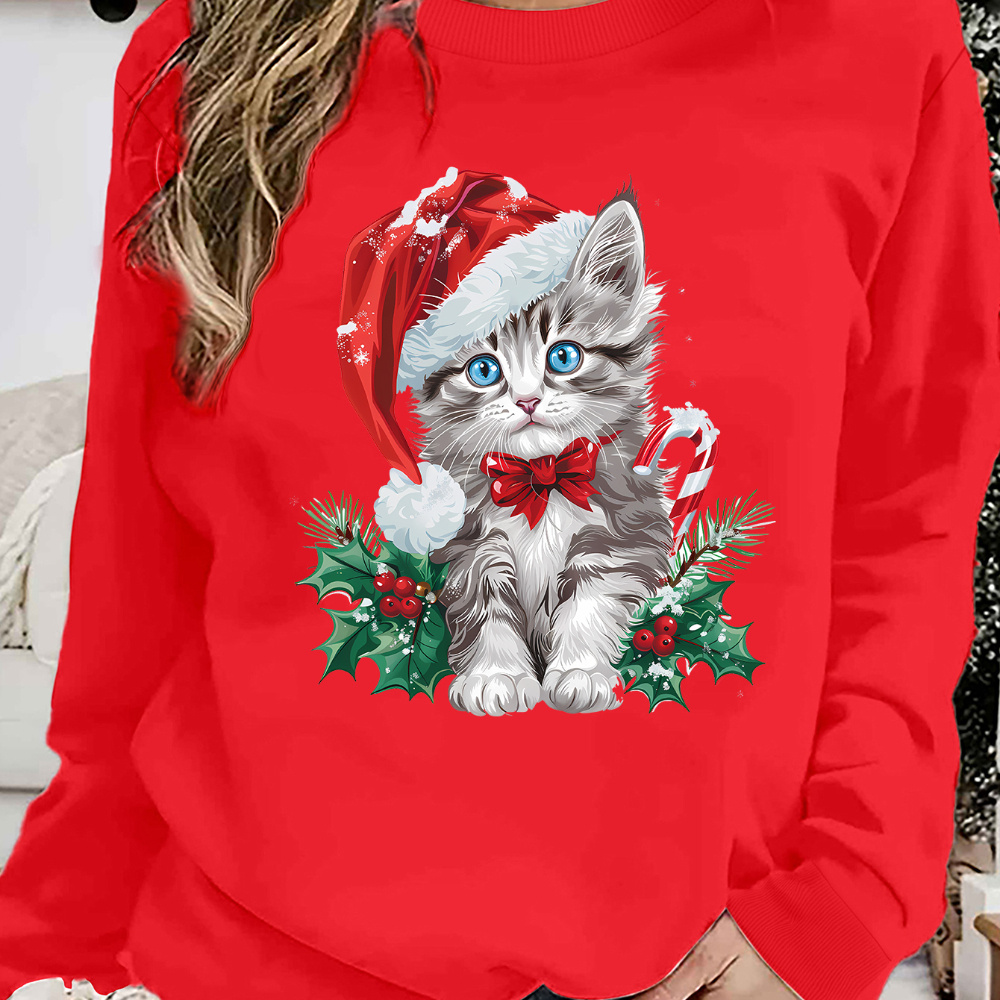 

Cozy Fleece-lined Christmas Kitten Print Sweatshirt For Women - Casual Crew Neck, Machine Washable, Fall & Winter