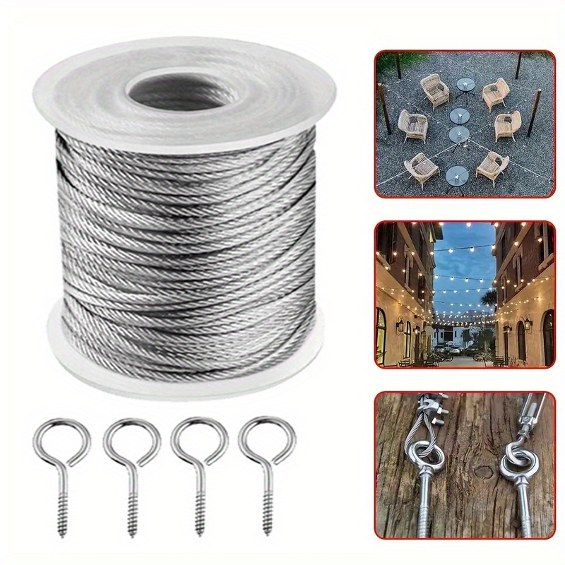 

15/30/50m Stainless Steel Hanging Kit With Rubber-coated Wire Rope, Outdoor String Light Ceiling Hooks, Tensioner Cable Set - No Power Needed, Ideal For Home & Theme Party Decorations