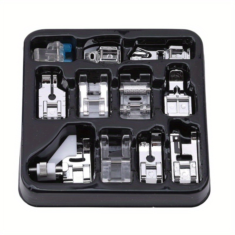 

11 Pcs Sewing Machine Presser Feet Set, Domestic Accessories For Sewing, Quilting, And Braiding, Multifunctional Snap-on Kit With Invisible Zipper, Button, Pleating, And Roller Feet