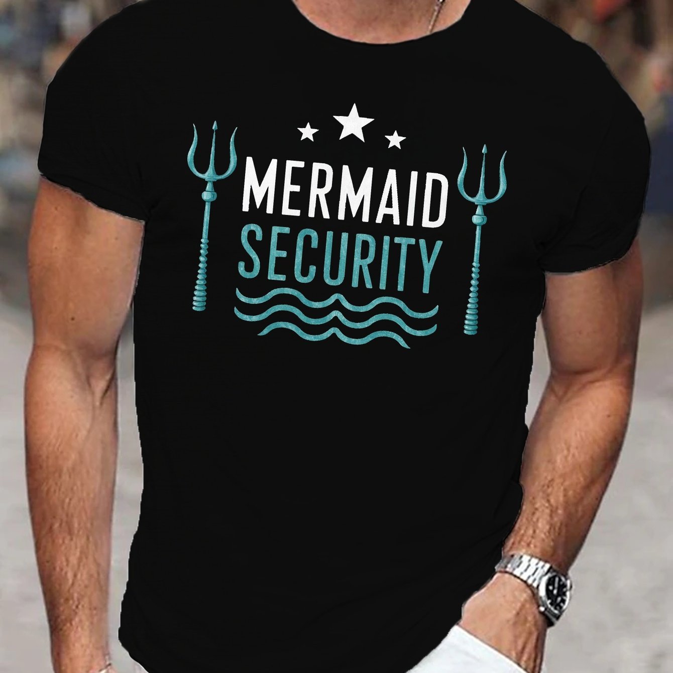 

1 Pc, 100% Cotton T-shirt, Mermaid Print, Men's Short-sleeved T-shirt, Men's Casual Fashion Summer Top