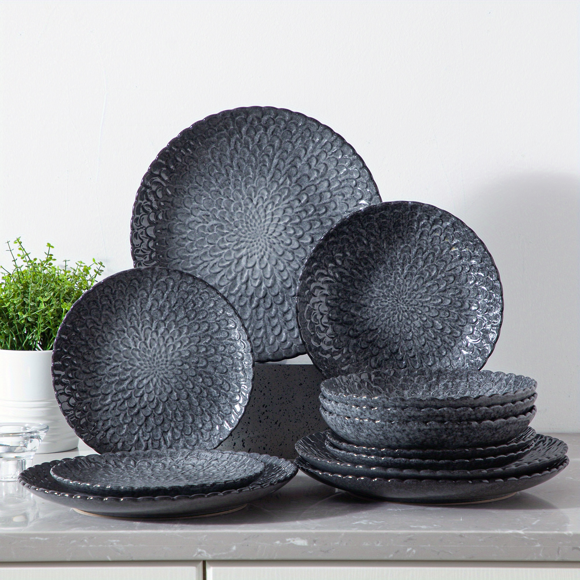 12pcs Stoneware Chrysanthemum Embossed Gray Reactive Glaze Dinnerware Sets, With Dinner Plate, Dessert Plate And , Service For 4