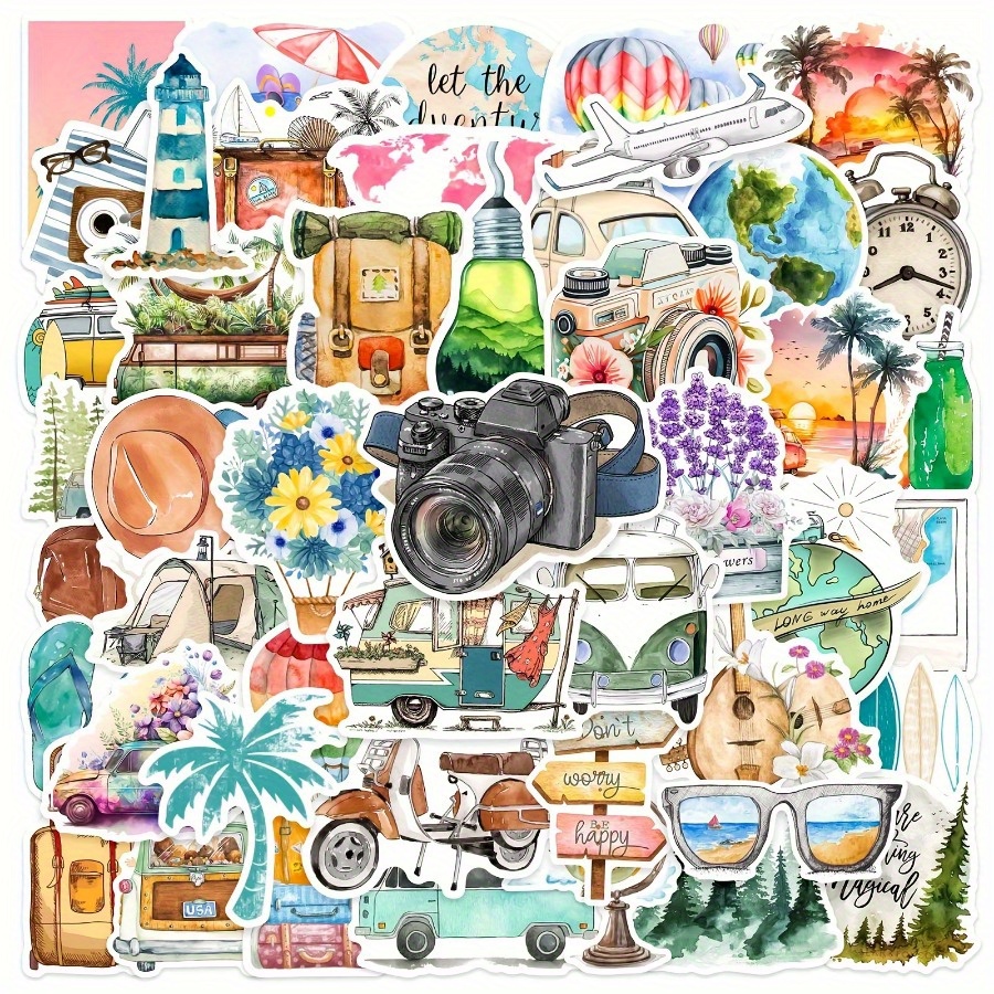 

50pcs Travel Adventure Waterproof Stickers - Glossy Irregular Shape Decals For Laptops, Water Bottles, Phones - Single Use, Paper Material, Travel-themed Vinyl For Friends