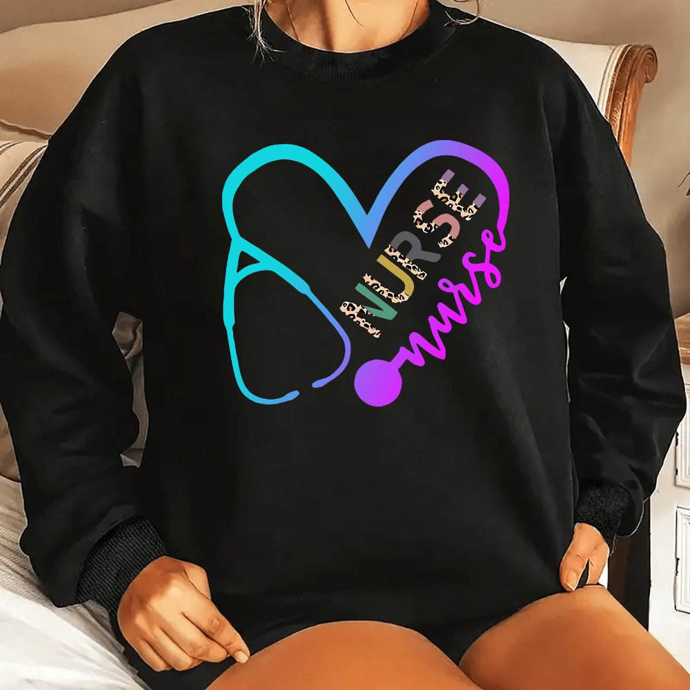 

Nurse Element Print Fleece Loose Sweatshirt, Casual Crew Neck Long Sleeve Sweatshirt, Women's Clothing