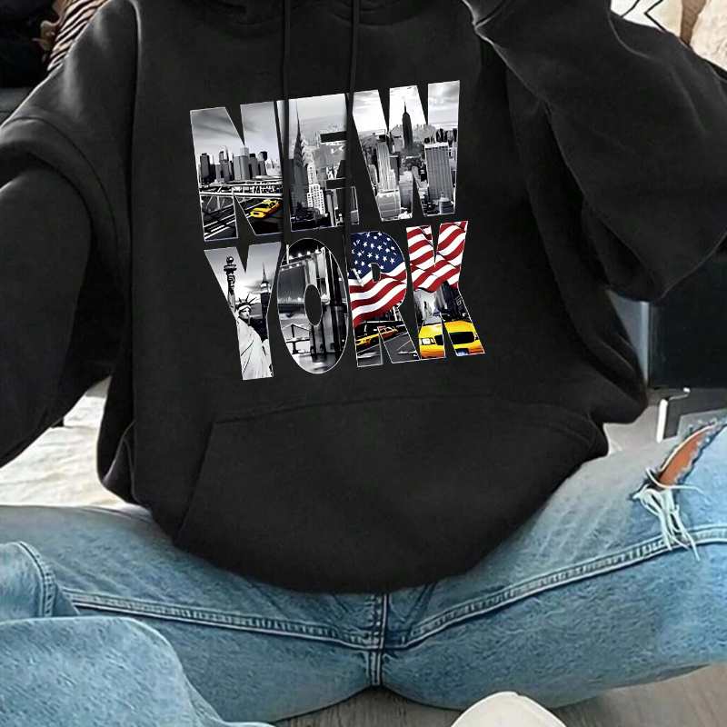 

Casual New York Alphabet Print Hoodie For Women - 100% Polyester Knit Fabric - Fall/winter Long Sleeve Hooded Sweatshirt With Drawstring And Pocket