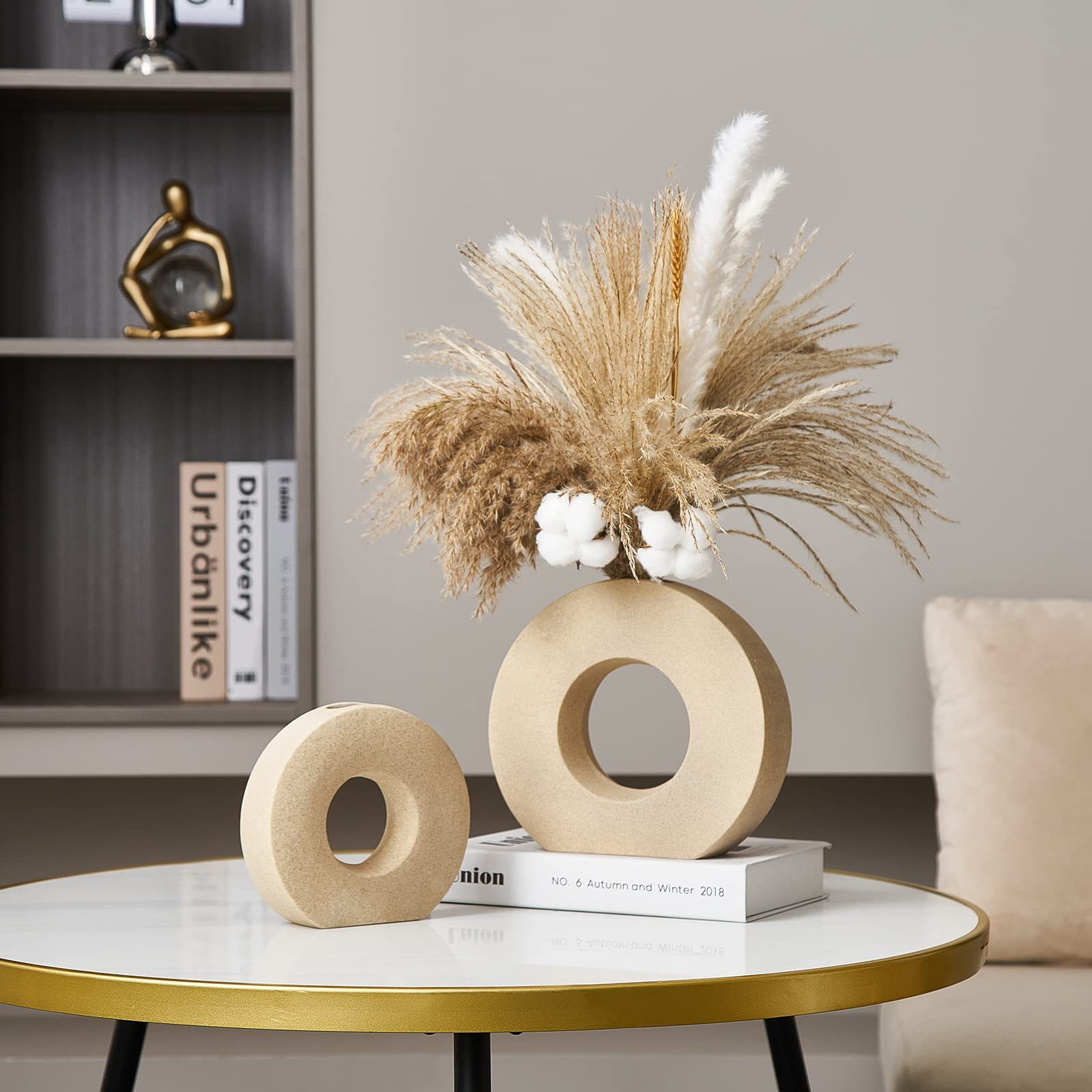 Lot De 2 Vases Creux En Céramique Noire - Décoration Nordique, Minimaliste, Bohème - Pour Fleurs Séchées, Déco Salon, Bureau