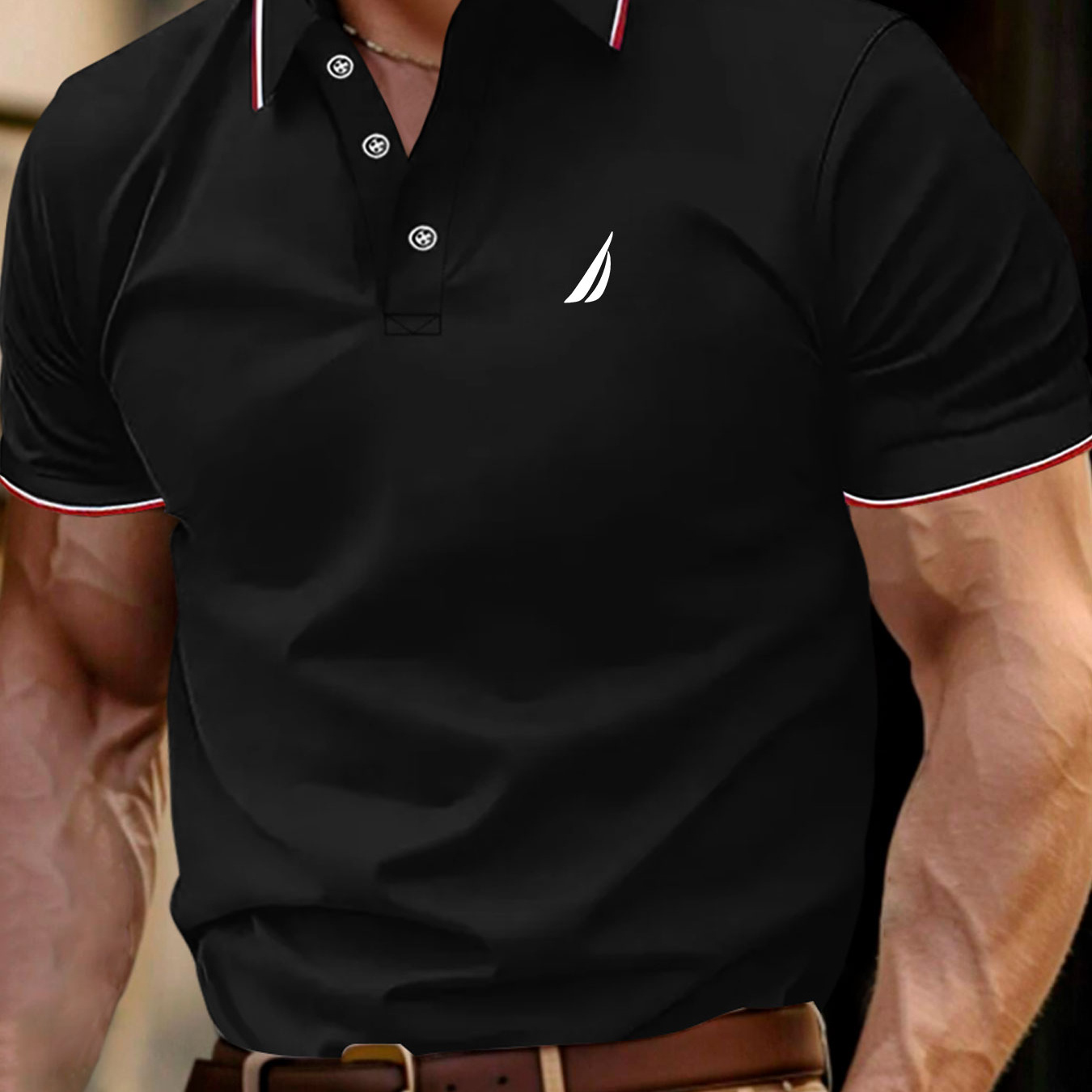 

Men's Summer Casual Polo Shirt - Regular Fit Polyester Knit Fabric With Slight Stretch, Geometric Pattern, Lapel Collar With Buttons, Breathable Comfort - Golf Shirt For Men