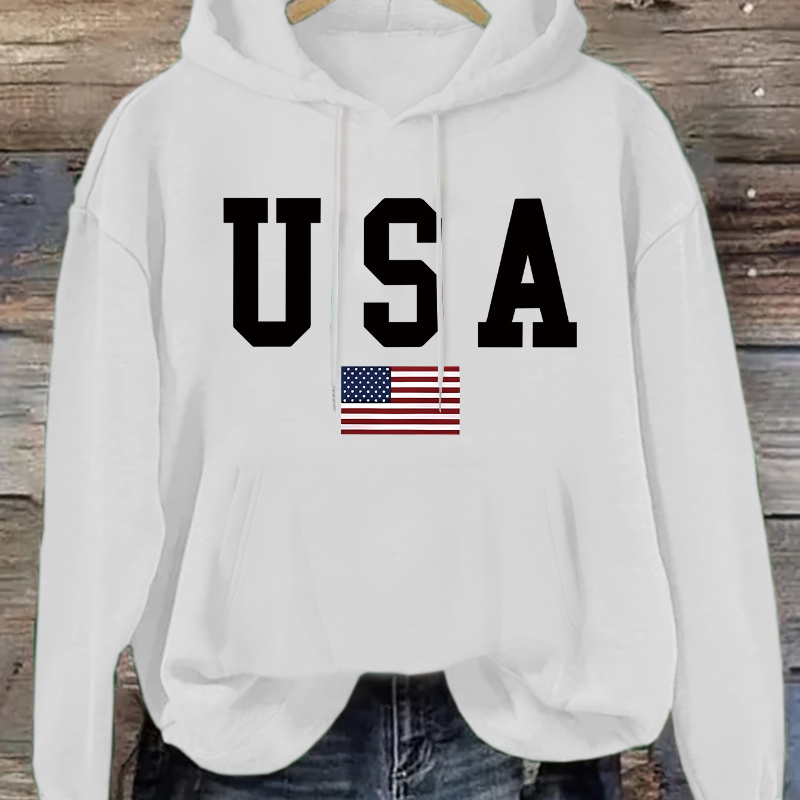 

Sweat à capuche doublé en imprimé USA pour femmes - Sweat à capuche décontracté en de polyester avec cordon de serrage et poches pour /l'hiver - Pull à motif géométrique de l'alphabet