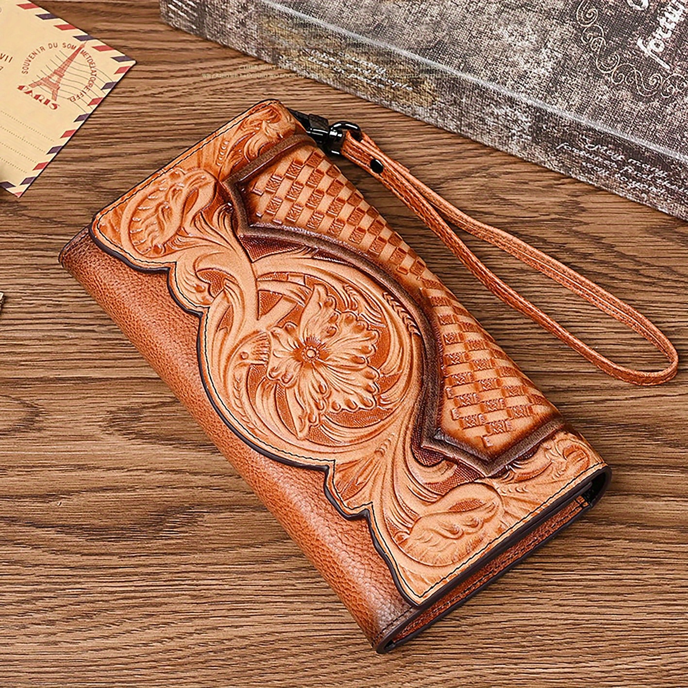 

Chinese Style Embossed Wallet Women's First Layer Long Cowhide Fashion Wallet Large Capacity Tri-fold Bag Retro Wallet