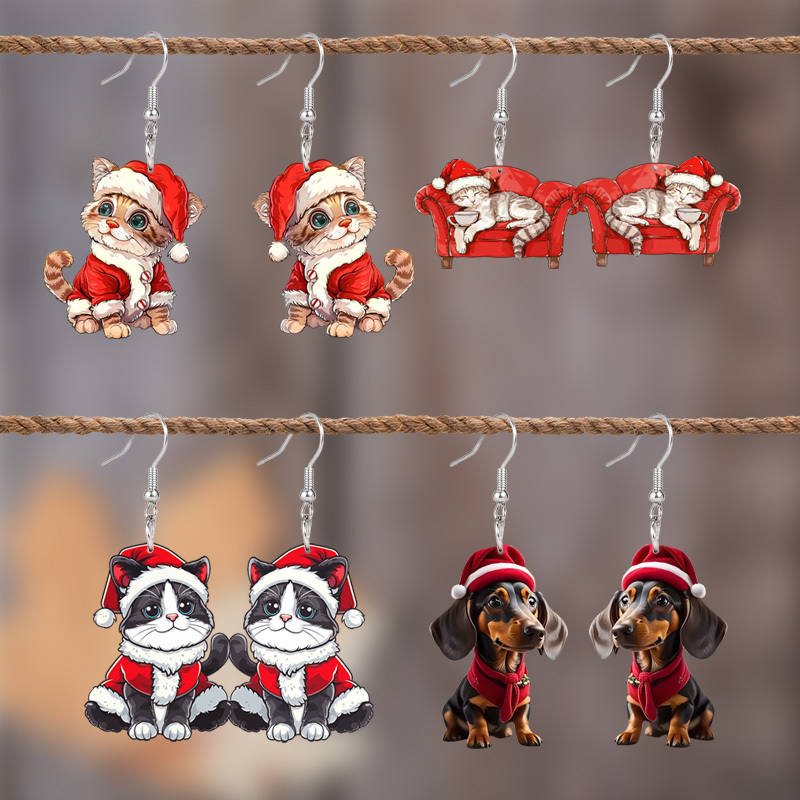 

4 Pairs Combination Set Christmas Double-sided Pattern Acrylic Earrings 4pair/set Acrylic Christmas Cartoon Cat Dog Double-sided Pattern Dangle Earrings For Women Female