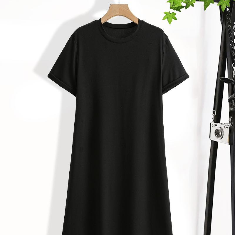 

Women's Casual Crew Neck T-shirt Dress, Solid Color, Breathable Knit Polyester (95%) With Spandex (5%), A-line Loose Fit, Fashionable Summer And Spring Wear