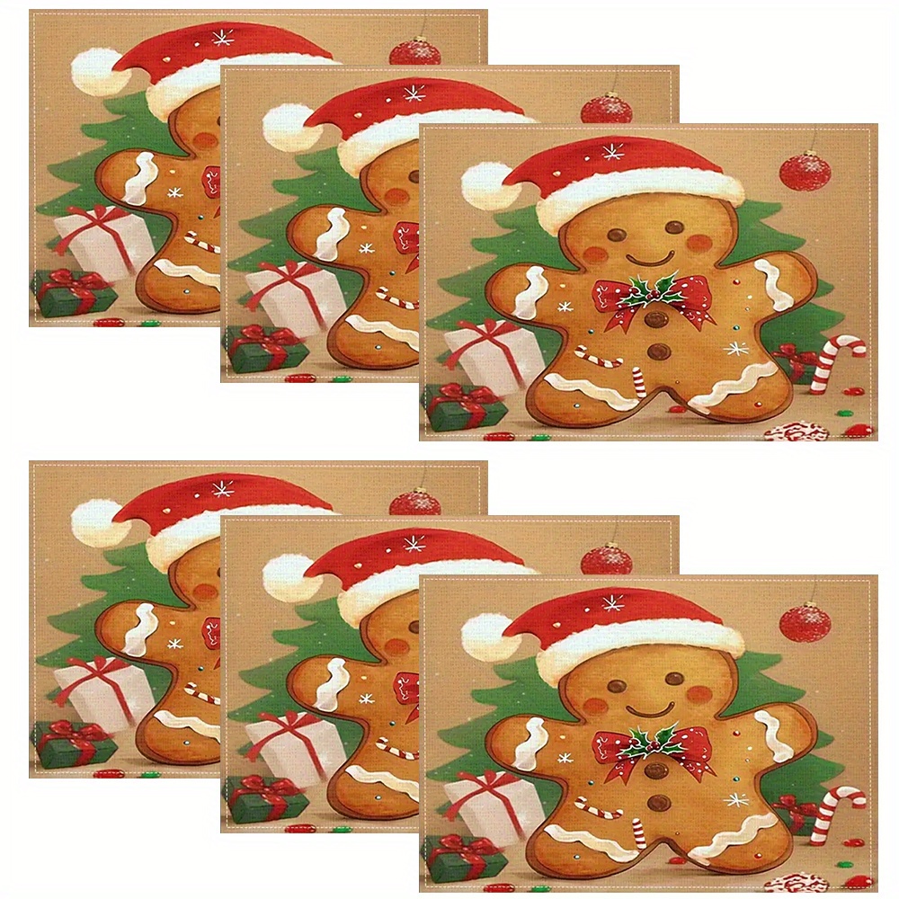 

1/4/6pcs Christmas Theme Linen Place Mats - Woven Heat Resistant Table Mats, Gingerbread For Man & Santa Hat Design, Modern Dining Decor, Square Machine Washable Placemats