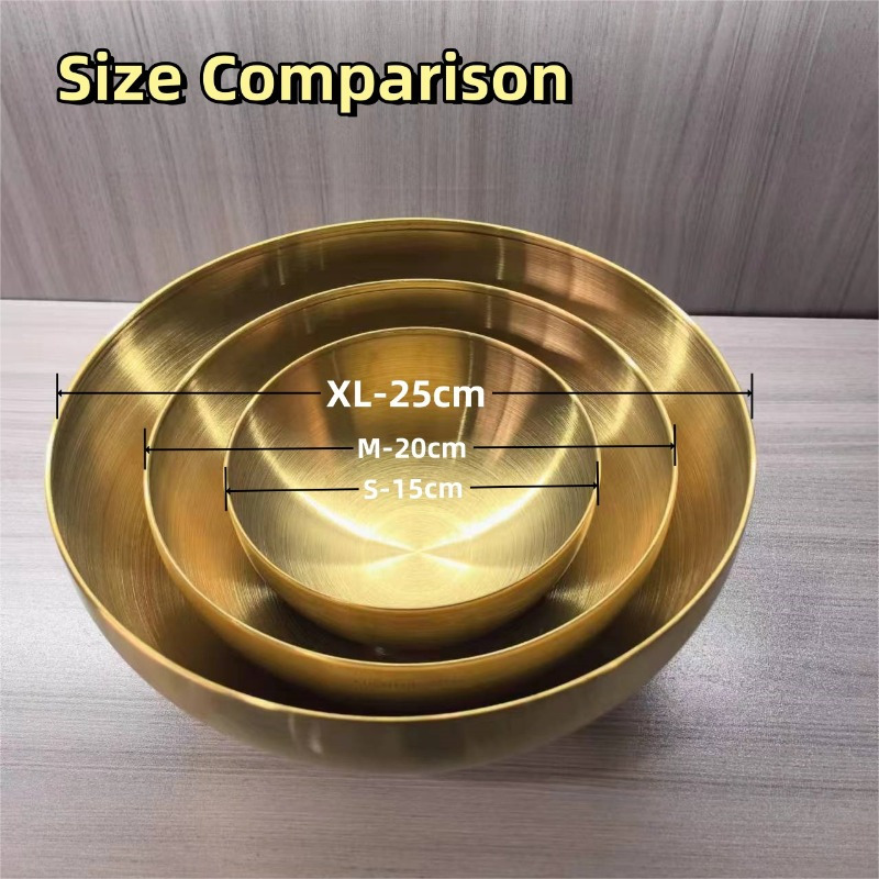 

1pc Stainless Steel Salad Bowl - Golden, Round, Korean Style Dish, 9.84" Large Size, 201 Material, Ideal For Cold Noodles & Desserts, For / Restaurant Use, Equipment