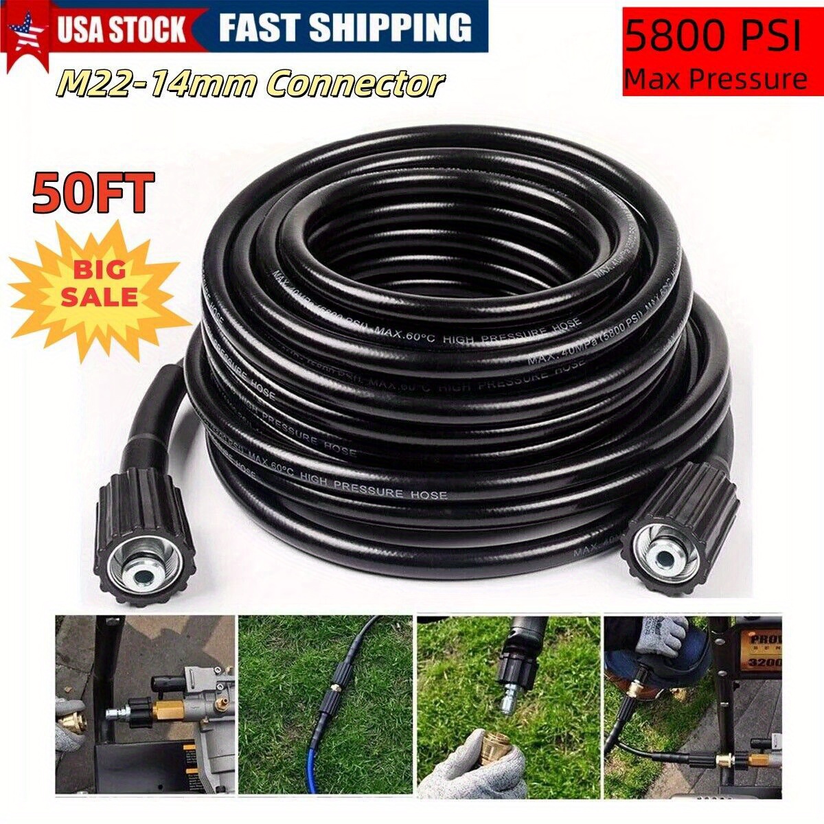 

High Pressure Washer Hose 15m/ 50ft 5800psi Power Washer Extension Hose M22-14mm