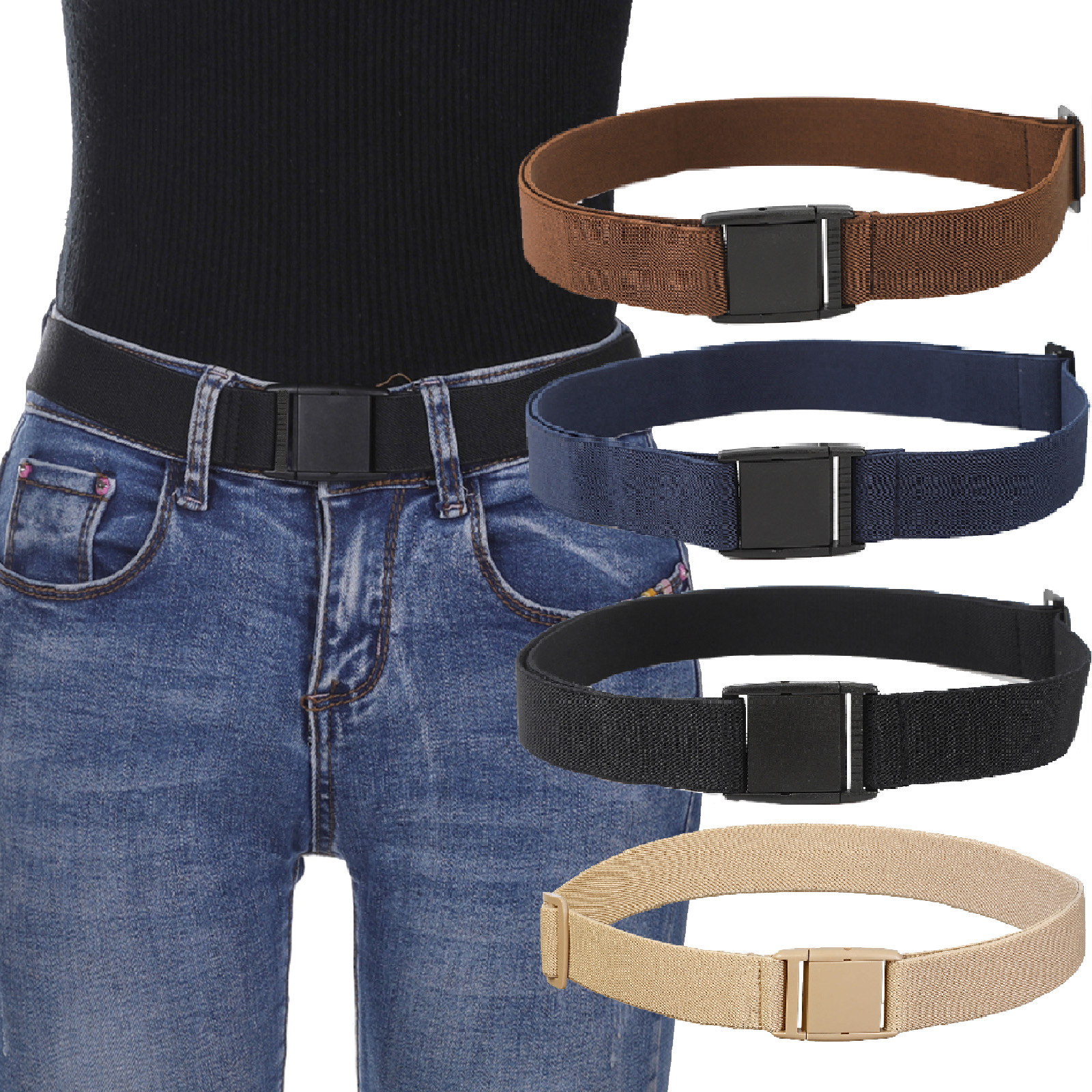 

4pcs Women's Adjustable Invisible Waist Belt Women Belt Comfortable Stretch Adjustable Waistband No Shirt For Pants (black, Navy, , Khaki)