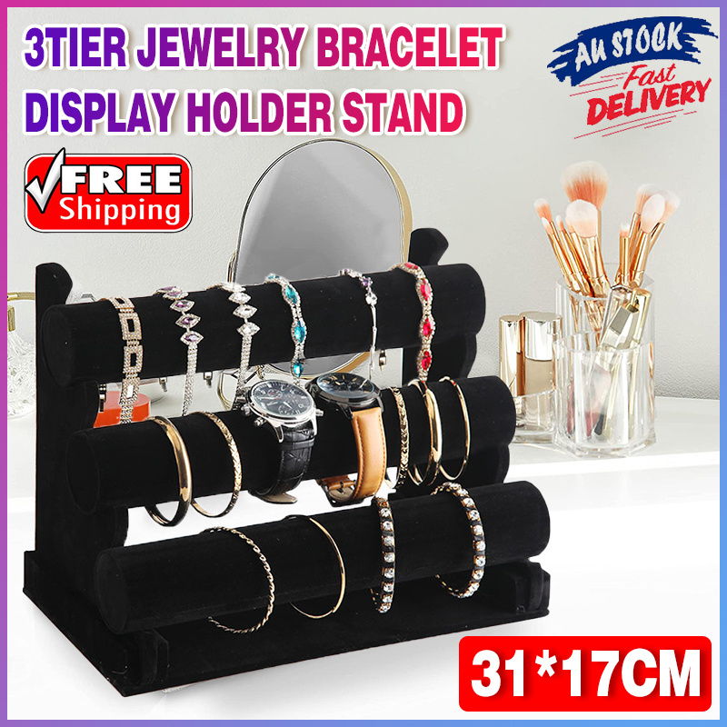 TEMU 1pc 3-tier Black Velvet Jewelry Bracelet Display Stand, Watch & Bangles Organizer Holder, , Elegant Storage Solution For Organization And