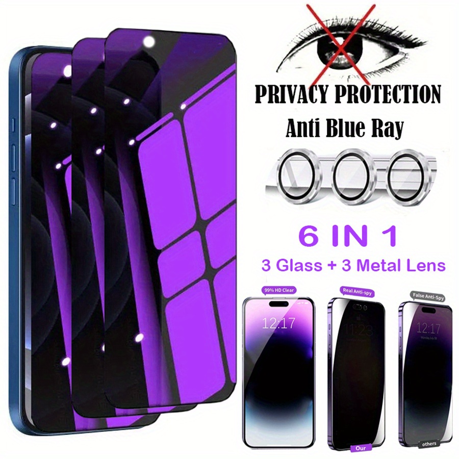 

6in1 [3pcs Anti Privacy Protection Glass + 3pcs Camera Lens] 9h Anti Tempered Glass For 15 14 Pro Max 14 15 Plus 15pro/14pro/16pro Screen Protector Film