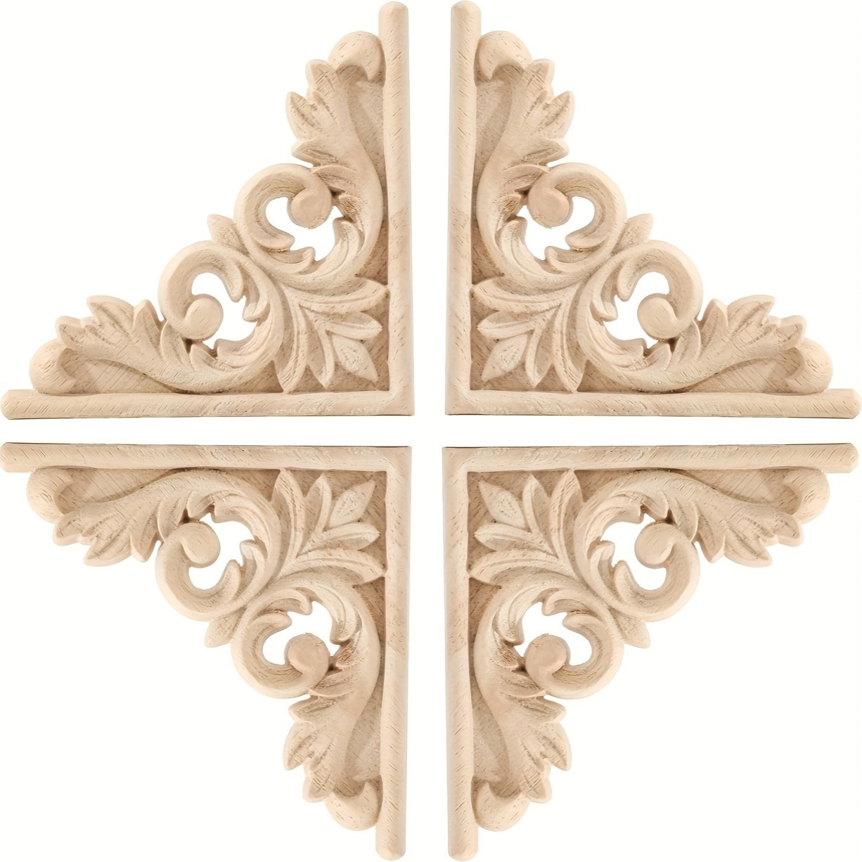 

4pcs Elegant Wooden Applique Onlays - Unpainted Corner Decals For Diy Decor, Featherless Design, No Electricity Required, Furniture Accents, Home Decor