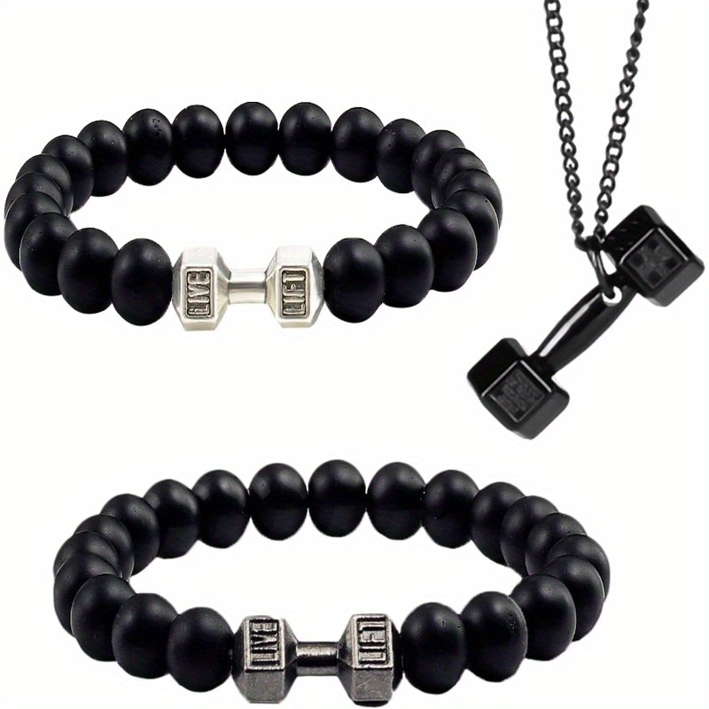 

Dumbell Bracelet, Weighted Bracelet For Men, Dumbbell Bracelet For Men, 8mm Volcanic Rock Bracelet Set Black Necklace