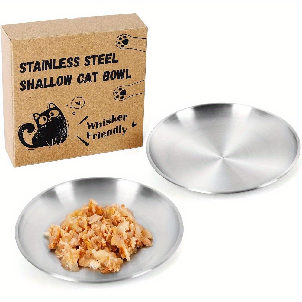 TEMU 2pcs Whisker Friendly Cat Dishes Set 6.7", Stainless Steel Shallow Cats Bowls, Wide Metal Food Bowl, Outdoor Kitten Small Animals Feeding Wet & Dry Food Dish To Prevent Whisker Fatigue (13 Oz)