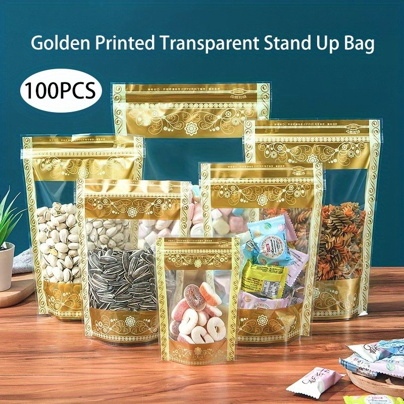 

[customer ] 100pcs Golden Printed Transparent Zipper Bags - Reusable For Candy, Cookies, Pasta & More - Home, Small Businesses & Holiday Parties