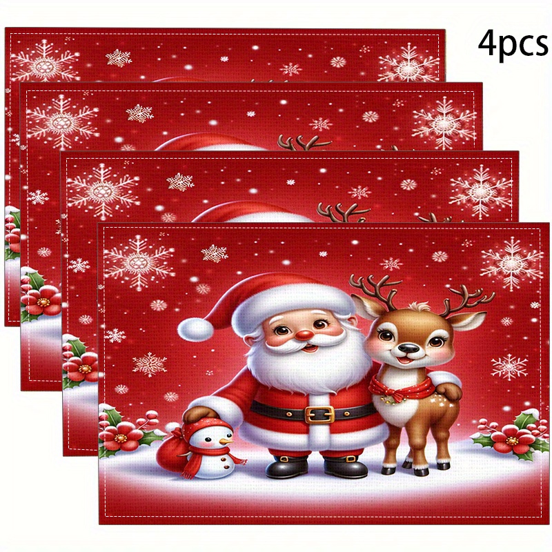 

Christmas Themed Placemats Set Of 4, Linen 100% Woven Table Mats, Heat Resistant, Machine Washable, Dining Decor With Santa, Reindeer & Snowman Design