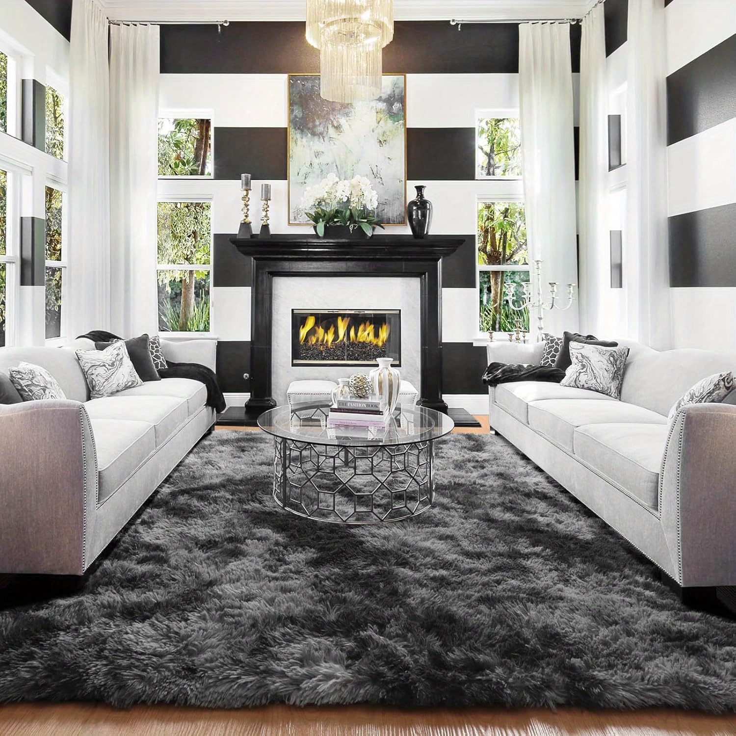 TEMU Luxury Dark Rugs For Living Room Tie-dyed Fluffy Fuzzy Abstract Thick Soft Floor Mat For Bedroom, Non Slip Gray Shaggy For Home Decor Aesthetic