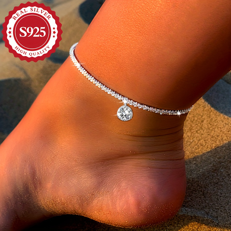 

925 Sterling Silver Anklet, Elegant And Blingbling Style, Lightweight 0.12oz, Ideal For Party And Gatherings