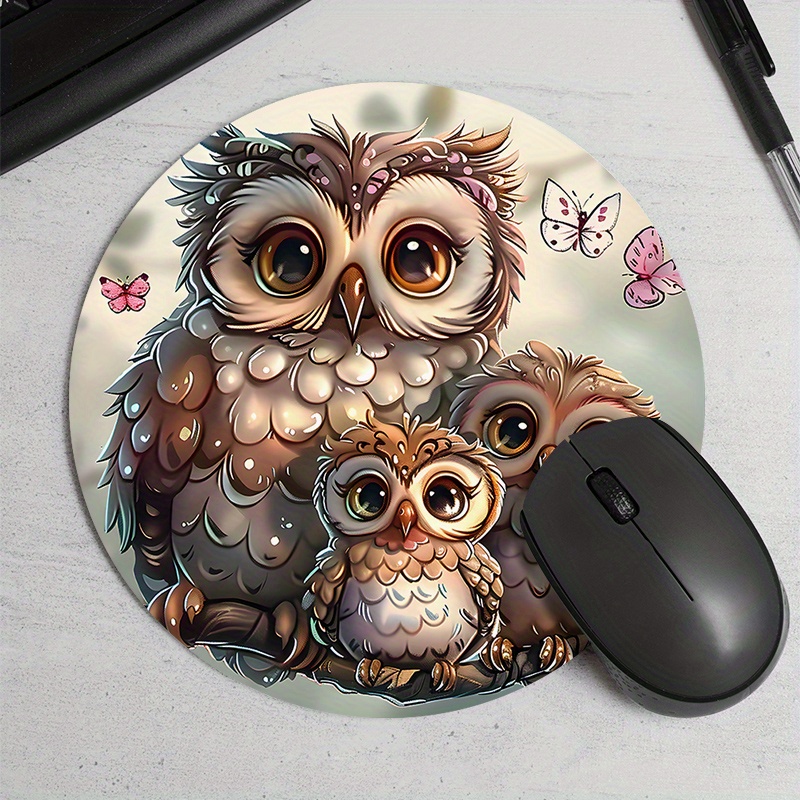 

1pc Owl Family Cute Cartoon Round Mouse Pad, Non-slip Rubber Base Thick Desk Mat For Computer Office, Durable And Portable Mousepad With Vibrant Print