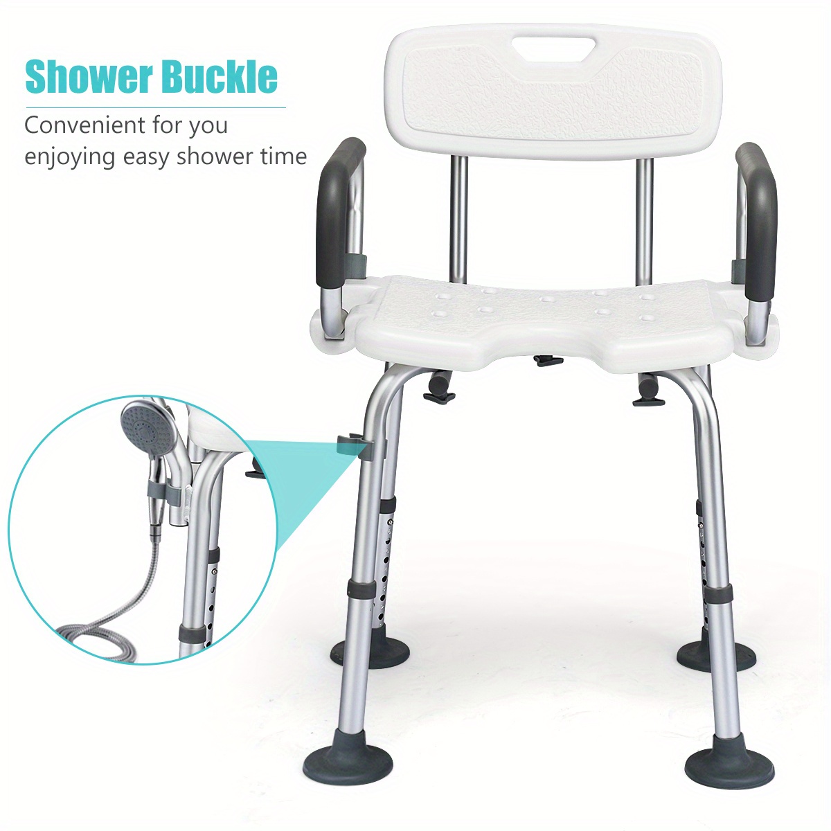 LIFEZEAL Adjustable Shower Chair with Armrests, Height 36-48.5cm, Anti-Skid PE Seat, Drainage Holes, Easy Assembly - Ideal for Elderly & Disabled, Shower Chair for Inside Shower