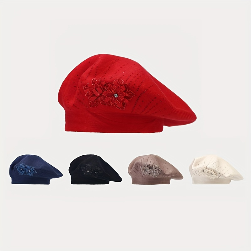 

1-3pcs Elegant Flower Embroidered Beret With Rhinestone Decor For Women - Warm And Stylish Painter Cap For Autumn And Winter