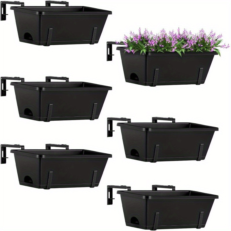 

Set Of 6 Hanging Railing Planters And Planter Box Brackets - Adjustable Deck And Window Box Planters With Drainage Holes For Garden Railing Fence, In Black