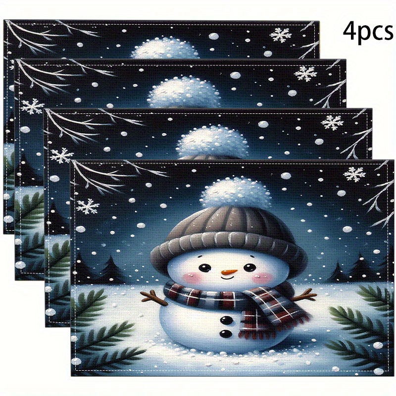 

4-piece Set Christmas Themed Snowman Placemats, Woven Linen100% Table Mats, Machine Washable, Linen Dining Pads With Heat Resistant Insulation For Home And Modern Dining Decor