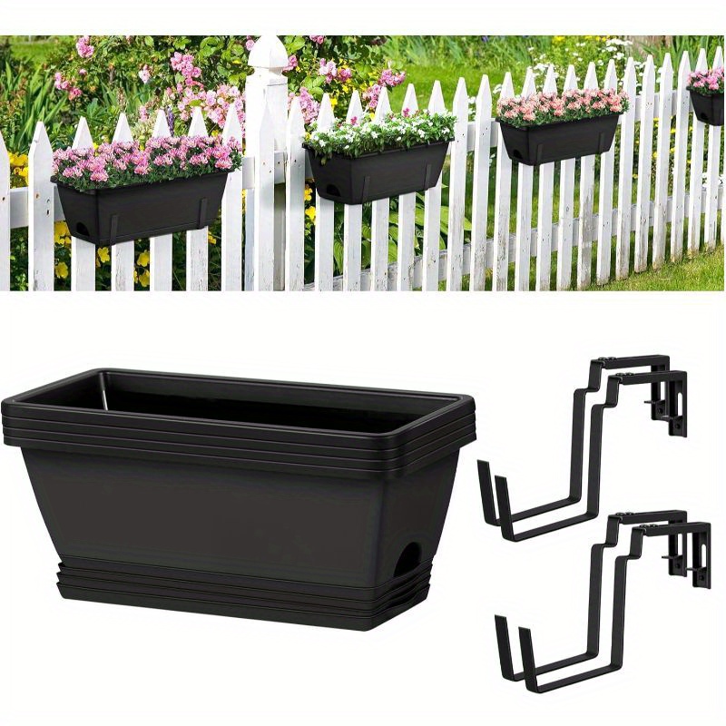 

4-pack 17-inch Window Box Planters With Adjustable Brackets, Deck Railing Hanging Flower Pots, Rectangular Planters For Outdoor Fence Garden And Balcony Decoration