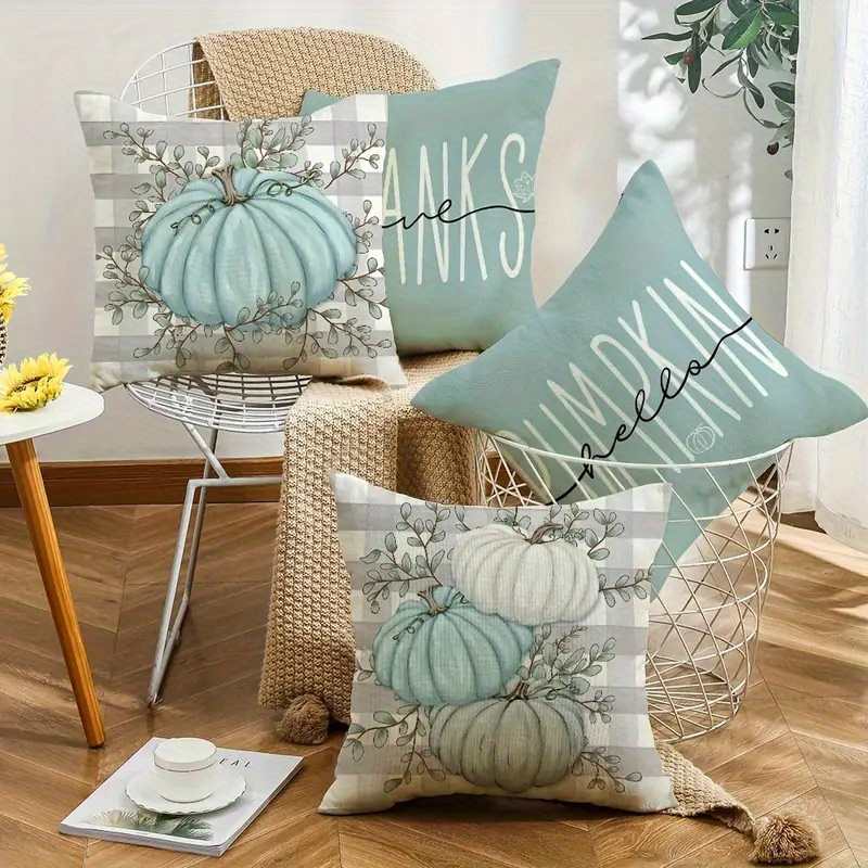 

4pcs/ Set Thanksgiving Pumpkin Throw Pillow Cover, Fall Autumn Thanksgiving Eucalyptus Leaves Give Harvest Decoration For Home Couch Sofa, Home Decor