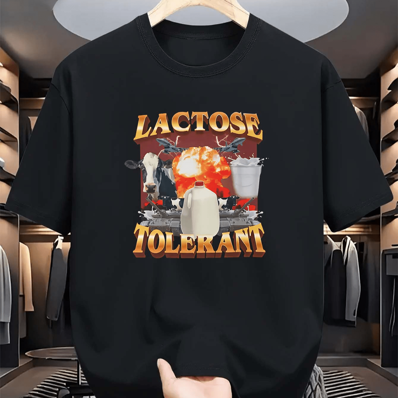 

Lactose Tolerant Graphic Tee For Men, Novelty Cow Print Casual T-shirt, 100% Polyester Knit Fabric, Regular Fit Crew Neck Top, Comfortable & Stylish Short Sleeve Summer Shirt With Slight Stretch