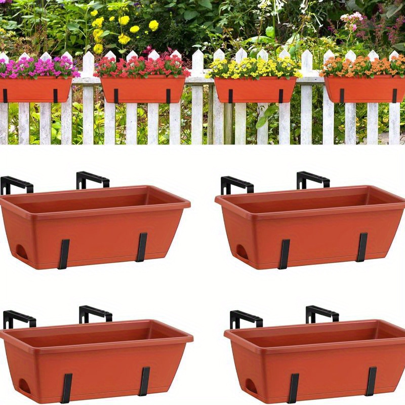 

4-pack Rectangular Flower Pots For Outdoor Patio, Balcony, And Fence - 17’’ Railing Planter Box With Adjustable Brackets