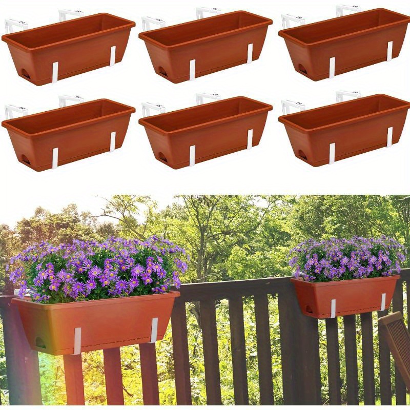 

Deck Railing Planter Boxes, 6 Pack Of Deck Railing Planters, 17 Inch Balcony Hanging Planters For Railing, Red And White