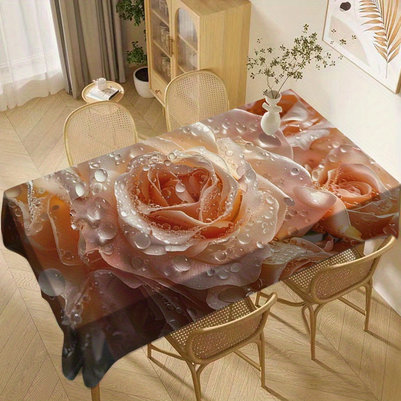 

1pcs Elegant Waterproof And Oil-proof Polyester Tablecloth With Rose Print For Home, Dining Room, Kitchen, Living Room, Party, Holiday Dining, Kitchen Decor - Machine Made Floral Table Cover