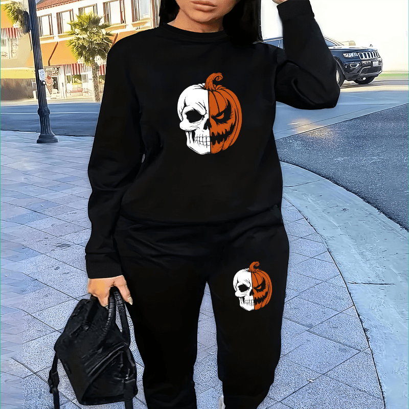 

Pumpkin Skull Print 2 Piece Set, Crew Neck Sweatshirt & Pants, Women's Clothing