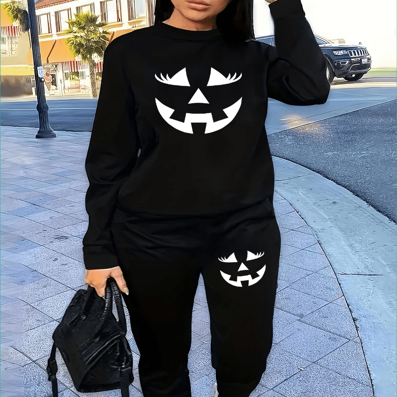 

Smile Face Print 2 Piece Set, Crew Neck Sweatshirt & Pants, Women's Clothing