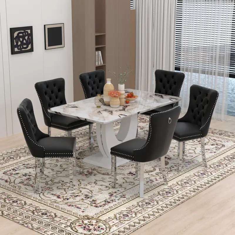 Table à manger moderne de luxe en acier inoxydable et marbre 6 places Table à manger moderne de luxe en acier inoxydable et marbre 6 places